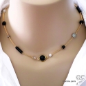 Collier, sautoir, onyx et spinelle noire, chaîne plaqué or, fin, fait main, création by Alicia