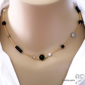 pierre onyx et spinelle noire collier ras de cou choker femme noir et plaqué or fait sur mesure