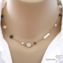 Collier, sautoir, pierre de lune et saphir d\'eau, chaîne plaqué or, fin, fait main, création by Alicia