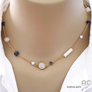 pierre de lune et iolite collier ras de cou femme pierres blanc bleu sur une chaîne plaqué or
