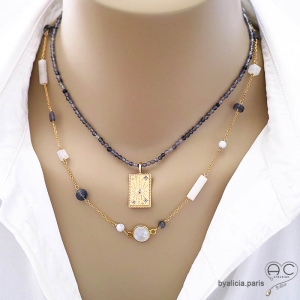 bijoux artisanaux en plaqué or et pierres semi précieuses blanc bleu sautoir collier ras de cou choker femme fait à la main