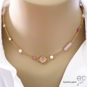 Collier, sautoir, quartz rose et perle de culture, chaîne plaqué or, fin, fait main, création by Alicia