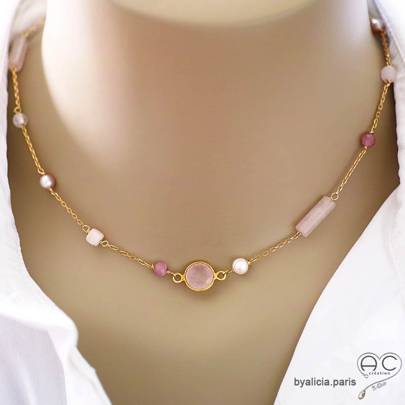 pierre quartz rose et plaqué or collier ras du cou choker rose femme fabriqué à la main en France