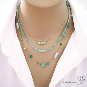 bijoux créateur artisanaux en pierres naturelles vert bleu turquoise et amazonite ras du cou collier sautoir femme