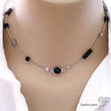 Collier, sautoir, onyx et spinelle noire, chaîne argent massif, fin, fait main, création by Alicia