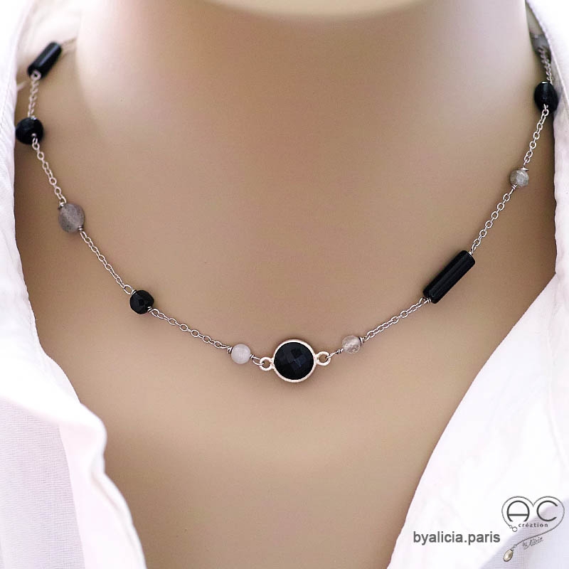 collier ras de cou choker noir femme pierre onyx et spinelle sur chaîne argent massif fait sur mesure