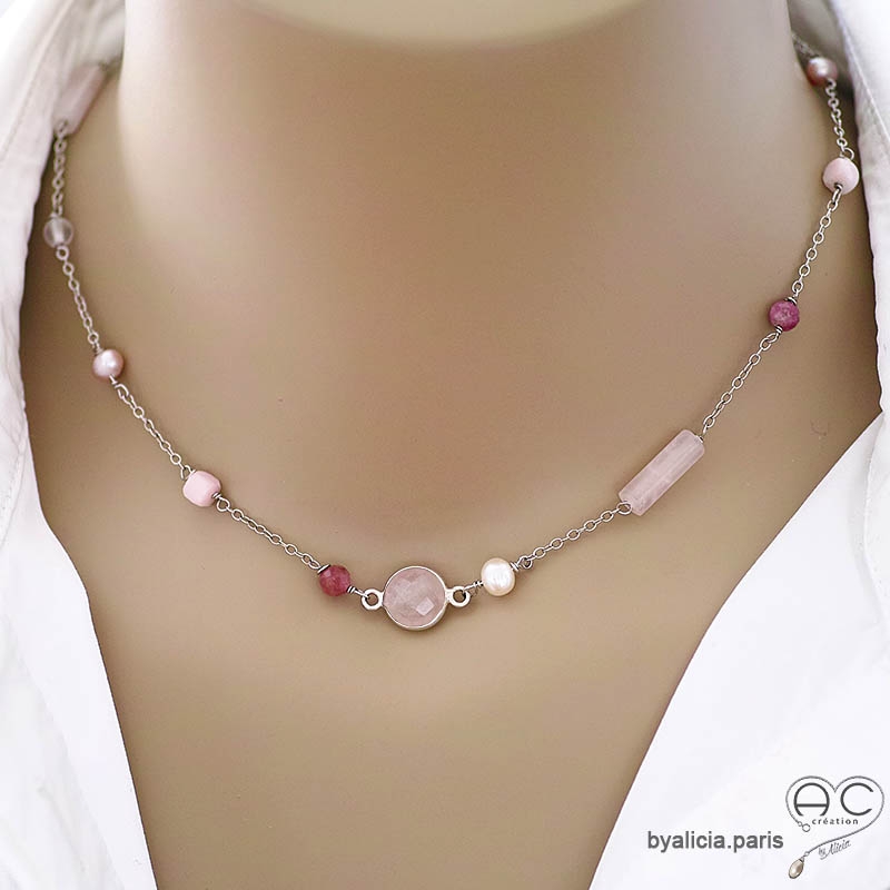 ras de cou rose femme en pierre quartz rose et argent massif fait à la main en France