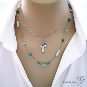 bijoux femme en pierres naturelles vert bleu et argent  collier ras du cou créateur