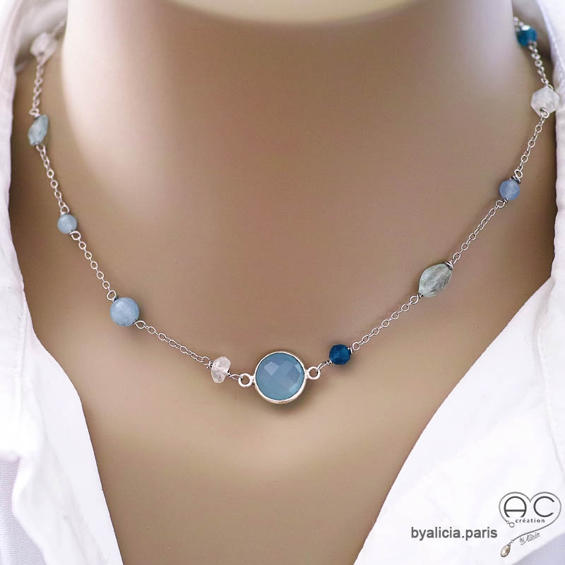 collier ras de cou choker bleu femme en pierres naturelles et argent fait main sur mesure en France