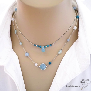 bijoux collier créateur femme argent et pierres naturelles bleues fait à la main