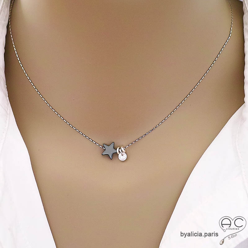 ras de cou choker étoile en hématite et petit brillant sur une chaîne argent fait sur mesure