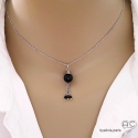 Collier, pendentif avec agate noire et pampille en chaînes argent massif rhodié et spinelle noir, fait main, création by Alicia