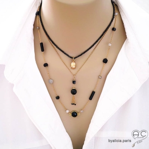 bijoux collier ras de cou choker femme en plaqué or et pierre noire artisanaux créateur