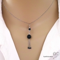 Collier, pendentif long avec agate noire et pampille en chaînes argent massif et spinelle noir, fait main, création by Alicia
