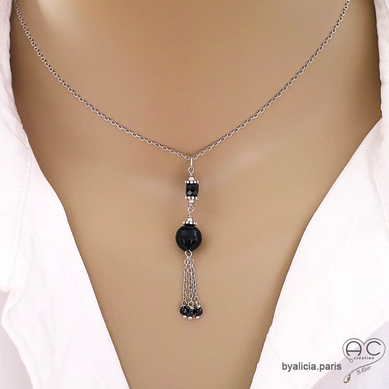 ras de cou pendentif long noir femme en argent et onyx fabriqué à la main en France