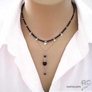 Collier, pendentif long avec agate noire et pampille en chaînes argent massif et spinelle noir, fait main, création by Alicia