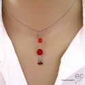 Collier, pendentif long avec cornaline et pampille en chaînes argent massif, fait main, création by Alicia