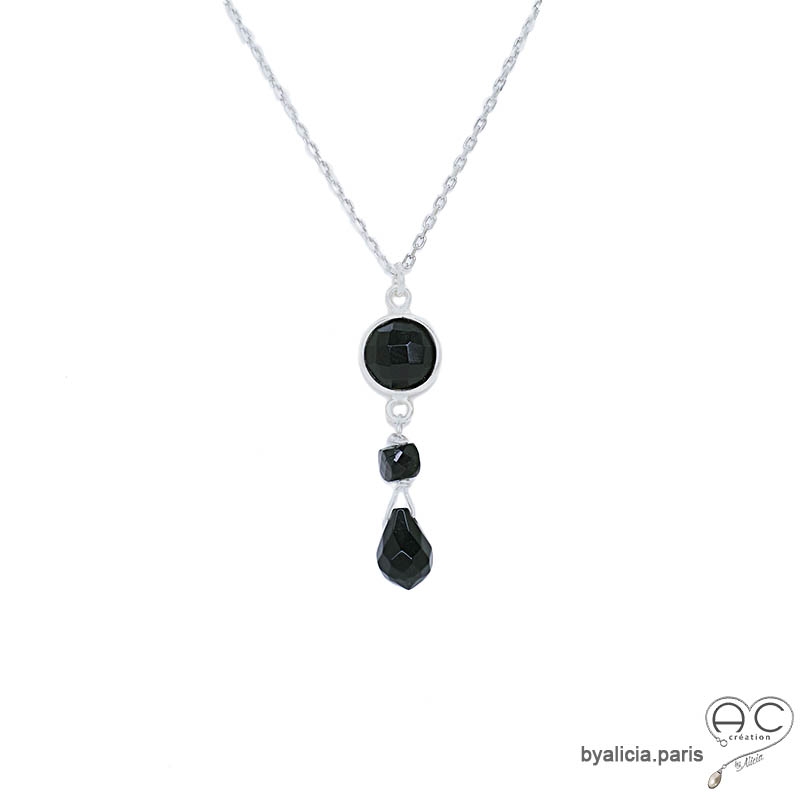 Collier ras de cou avec pendentif en onyx et spinelle noire argent massif fait main création by Alicia