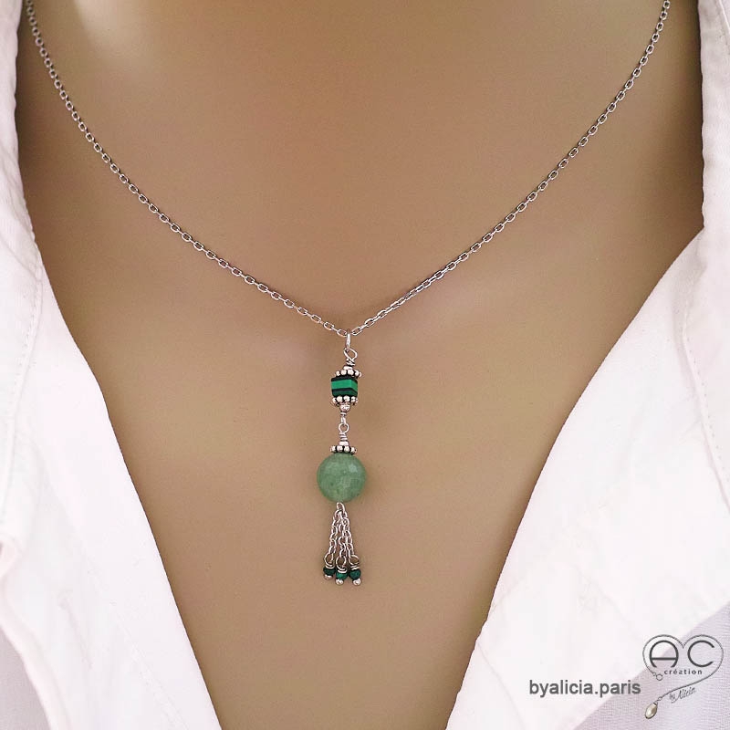 Collier ras de cou avec pendentif  long en aventurine et pampilles chaînes argent massif fait main création by Alicia