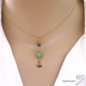 Collier, pendentif  long avec aventurine et pampille en chaînes plaqué or, fait main, création by Alicia