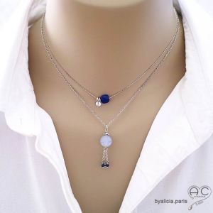 bijoux créateur en pierres naturelles bleues et argent femme collier ras de cou fait main sur mesure