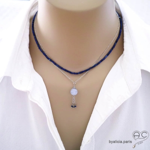 bijoux artisanaux collier ras de cou choker bleu femme calcédoine lapis lazuli fait à la main en France