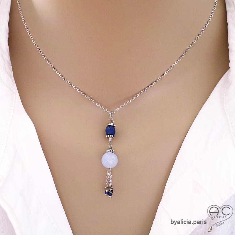 Collier avec pendentif long en calcédoine bleue lapis-lazuli et pampille en chaînes argent massif fait main création by Alicia