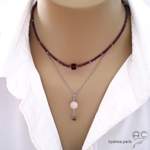 bijoux créateur collier ras de cou choker pendentif femme en quartz rose et argent fait à la main en France