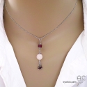 Collier, pendentif long avec quartz rose et pampille en chaînes argent massif, fait main, création by Alicia