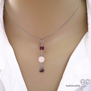 Collier avec pendentif long en quartz rose et pampille en chaînes argent massif fait main création by Alicia
