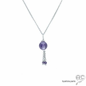 pierre améthyste collier ras du cou choker femme argent massif et pierre naturelle violette fait main en France