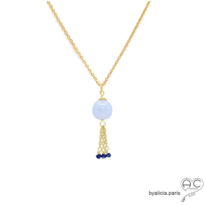 pierre bleue collier ras de cou plaqué or avec pendentif en calcédoine bleu femme fait à la main en France