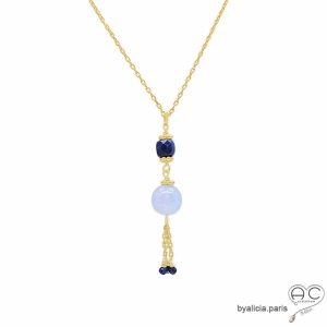 pierre bleue ras de cou plaqué or avec pendentif en calcédoine bleue et lapis-lazuli fait à la main sur mesure