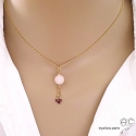 Collier, pendentif avec quartz rose et pampille en chaînes plaqué or, fait main, création by Alicia