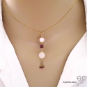 Collier, pendentif long avec quartz rose et pampille en chaînes plaqué or, fait main, création by Alicia