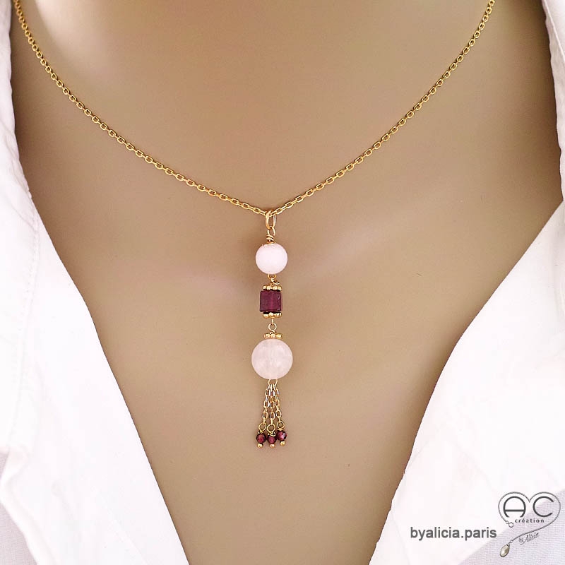 Collier ras de cou avec pendentif long en quartz rose grenat et pampille en chaînes plaqué or fait main création by Alicia