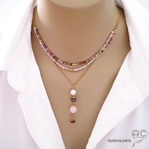 bijoux créateur artisanaux collier pendentif femme en pierres naturelles roses et plaqué or fait à la main sur mesure en France