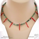 Collier corail véritable et rubis zoïsite, pierre fine et plaqué or, ras de cou, fait main, création by Alicia