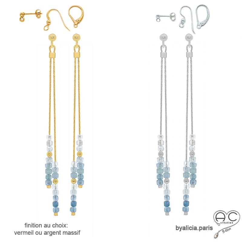 Boucles d'oreilles bleues femme aigue-marine véritable vermeil ou argent rhodié fines longues fait main création by Alicia