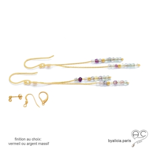 Boucles d'oreilles femme pierre fluorite vermeil ou argent fines longues fait main création by Alicia