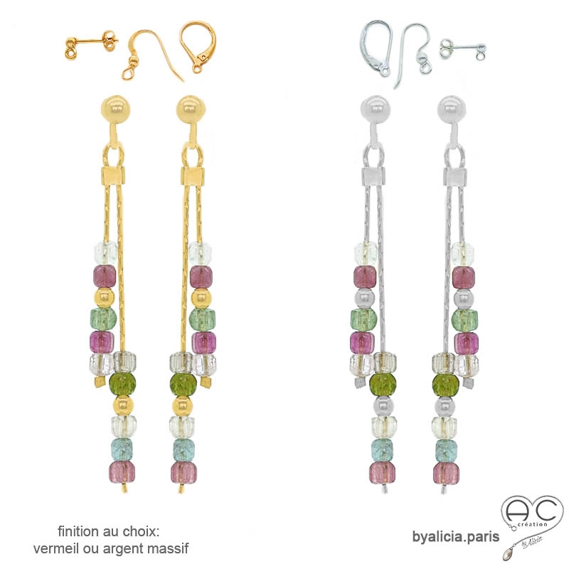 Boucles d'oreilles tourmaline vermeil ou argent fines pendantes fait main création by Alicia