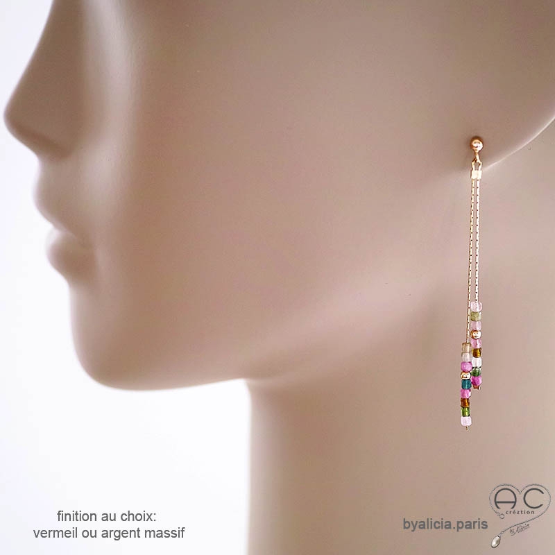 Boucles d'oreilles multicolore femme en tuormaline et vermeil ou argent fines longues fait main création by Alicia