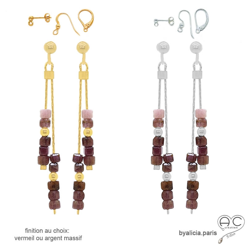 Boucles d'oreilles femme rubis brun argent ou vermeil fines pendantes fait main en France création by Alicia