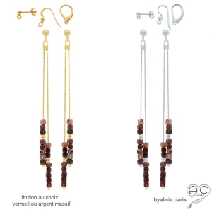 pierre rubis brun boucles d'oreilles fines longues femme en argent ou vermeil fait main en France