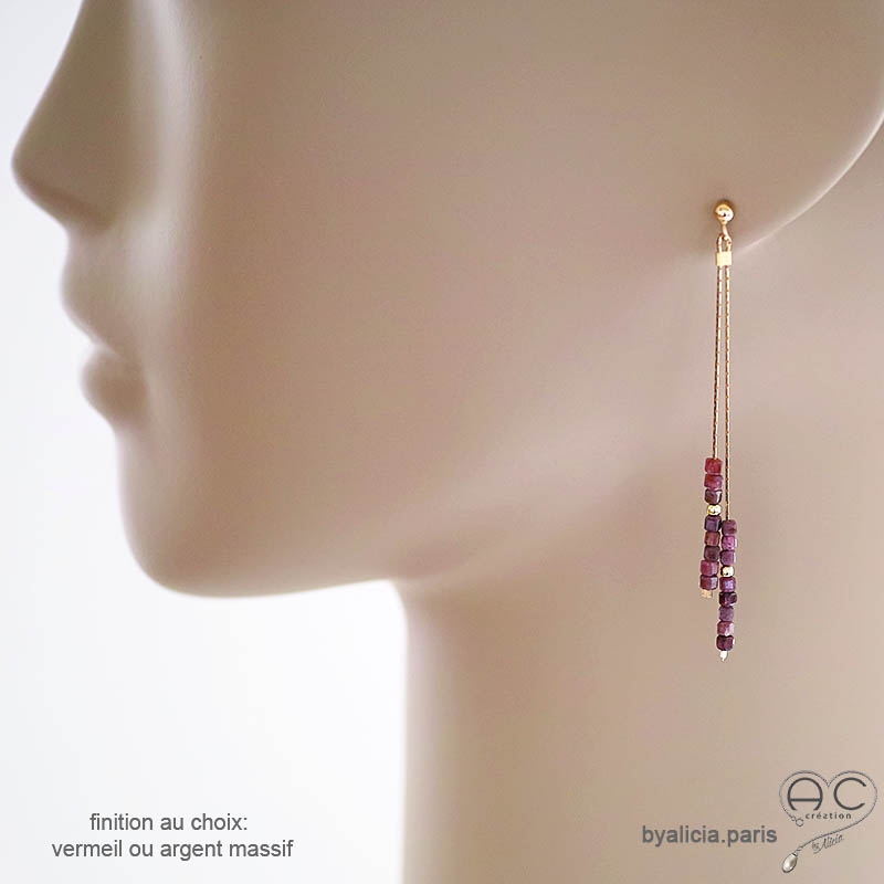 Boucles d'oreilles femme rubis brun véritable fines longues artisanales fait main création by Alicia