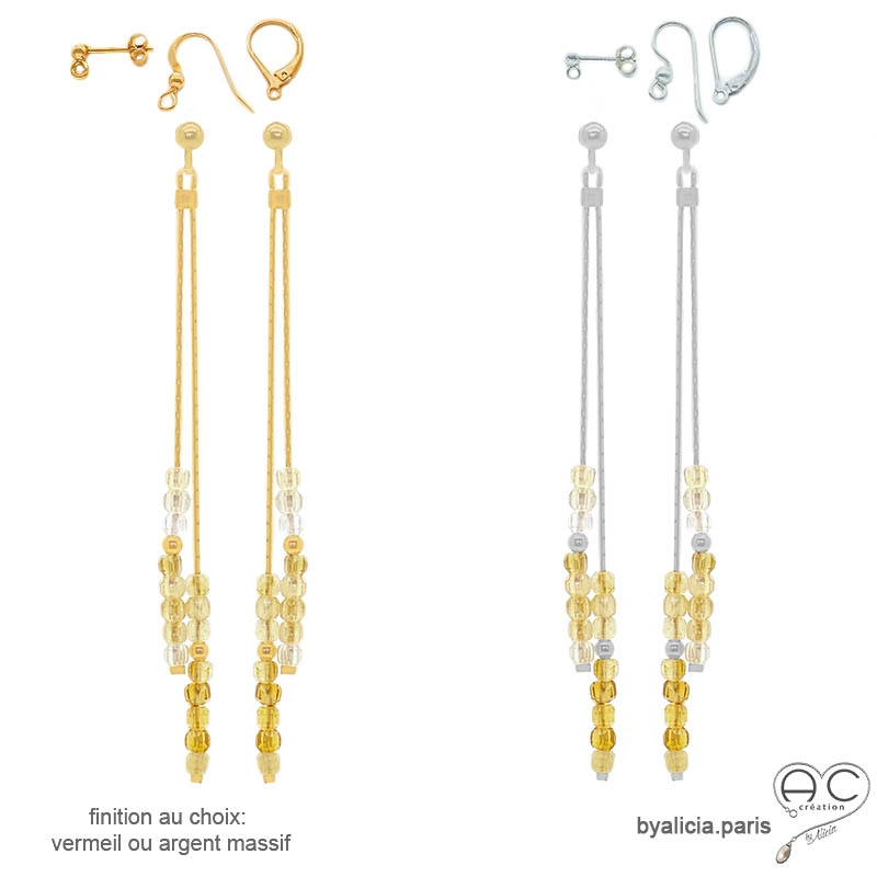 Boucles d'oreilles femme citrine véritable fine, longues fait main en France création by Alicia