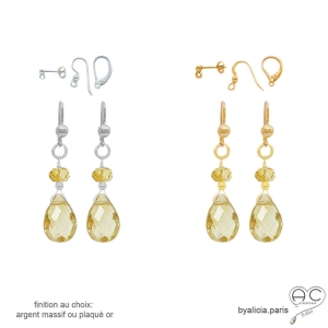 Boucles d'oreilles femme citrine argent ou plaqué or pendantes délicates création by Alicia