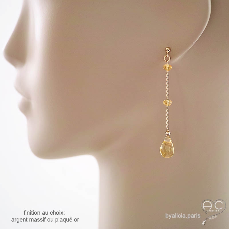 Boucles d'oreilles créateur femme citrine fines longues pendantes fait à la main sur mesure création by Alicia