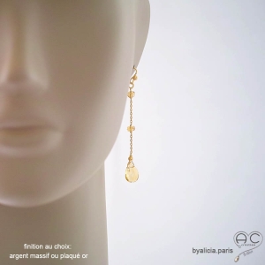 boucles d'oreilles jaunes femme pierre citrine longues délicates artisanales fait main en France