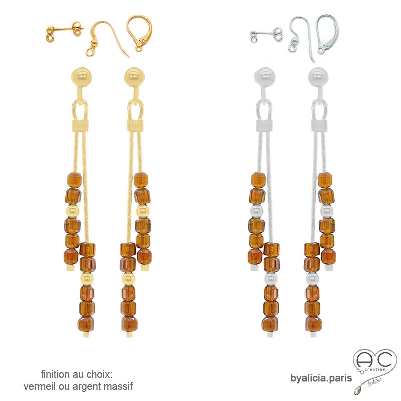 pierre grenat hessionite boucles d'oreilles femme pierre naturelle marron argent ou vermeil fabriqué à la main en France